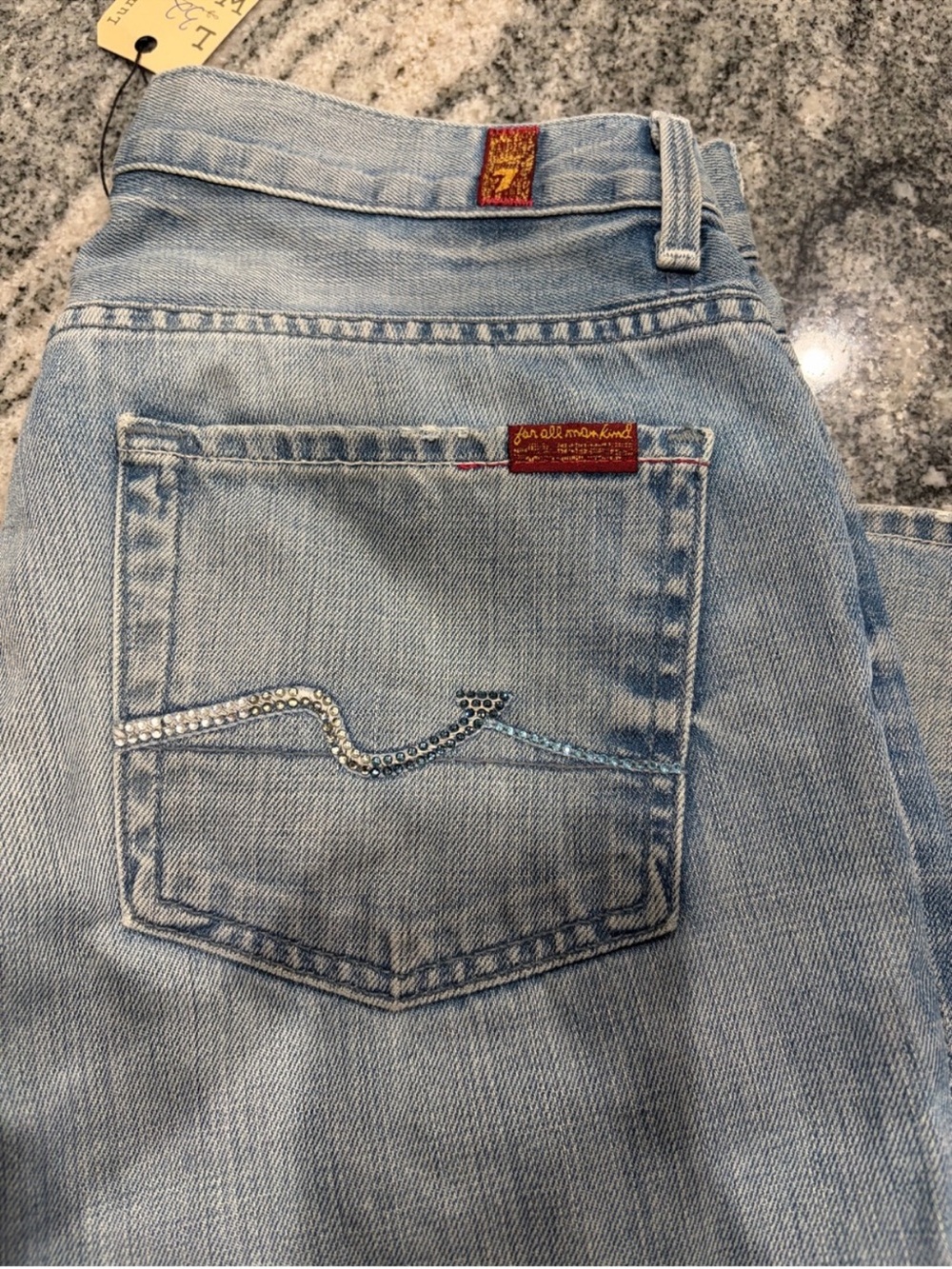 7 For All Mankind Light Blue Boot Cut Jeans with Crystal Wave Pocket